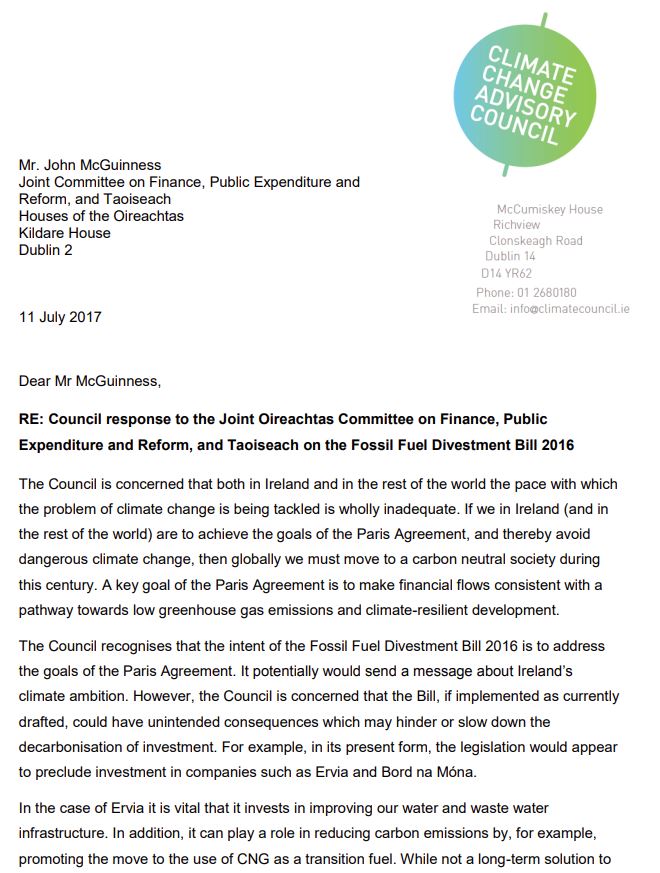 Council response on the Fossil Fuel Divestment Bill 2016